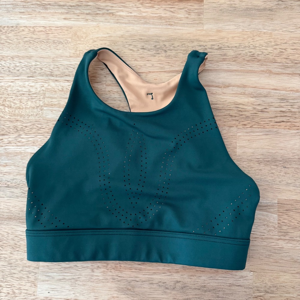 Buffbunny Collection Teal High Neck Laser Cut Strappy Back Sports Bra XS